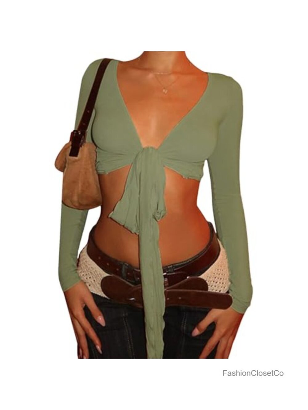 Women's Tie Front Crop Top Long Sleeve Deep V Neck Wrap Y2K Summer Blouse